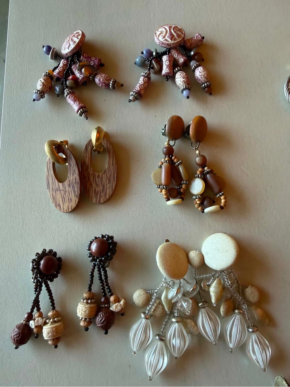 Lot of 5 pairs Mixed Brown and Cream Boho Dangle clip on Earring Set - Unbranded